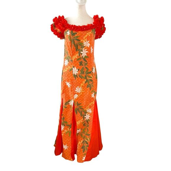 T&L Muumuu Factory Orange Puff Sleeve Vintage Hawaiian Aloha Dress Floral Ruffle - Picture 11 of 13